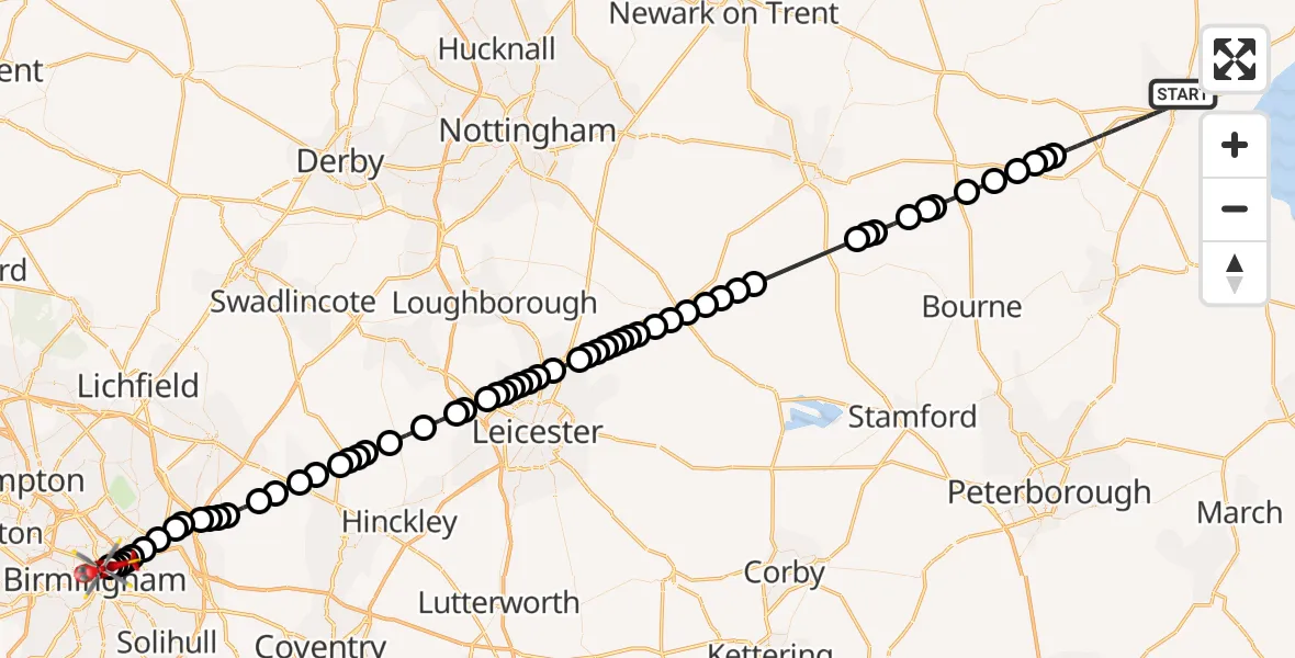 Flight path map showing Air Ambulance Helicopter route from Boston to Nechells