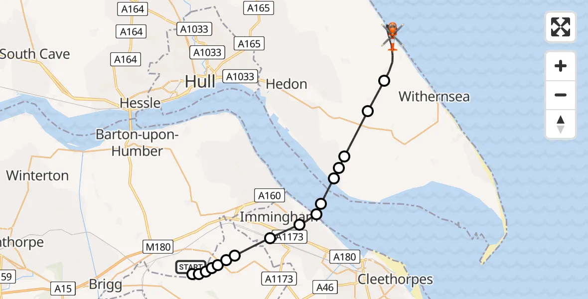 Flight path map showing Coastguard Helicopter route from Humberside Airport to Roos
