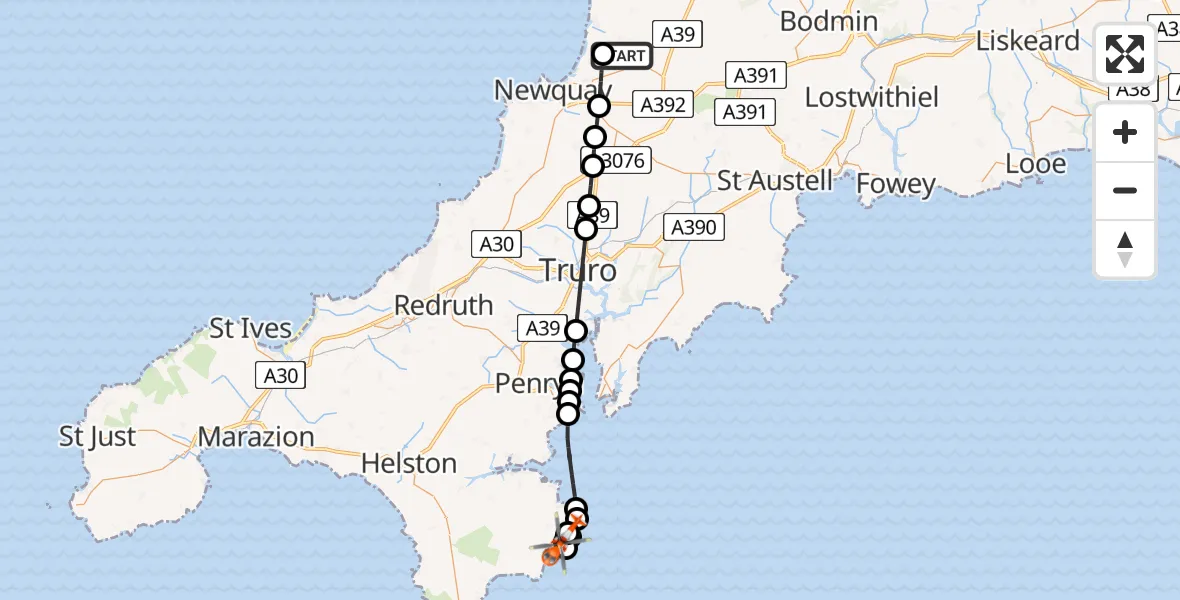 Flight path map showing Coastguard Helicopter route from Cornwall Airport Newquay to St. Keverne