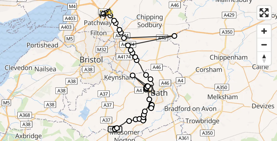 Flight path map showing Police Helicopter route from Farrington Gurney to Hortham