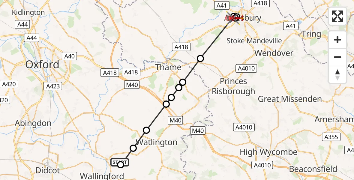 Flight path map showing Air Ambulance Helicopter route from RAF Benson to Fairford Leys