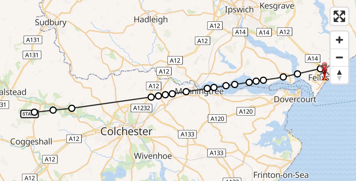 Flight path map showing Air Ambulance Helicopter route from Earls Colne Airfield to Felixstowe