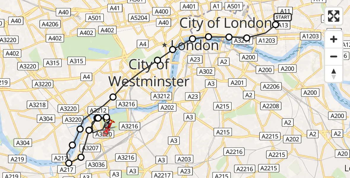 Flight path map showing Air Ambulance Helicopter route from Royal London Hospital to Battersea