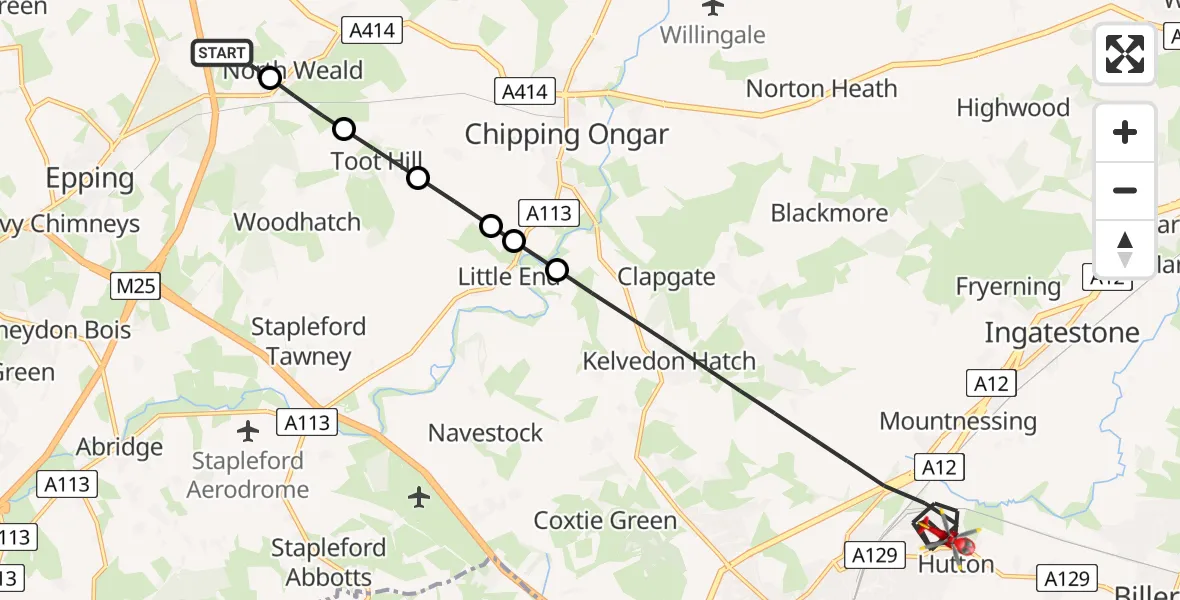 Flight path map showing Air Ambulance Helicopter route from North Weald Airfield to Brentwood