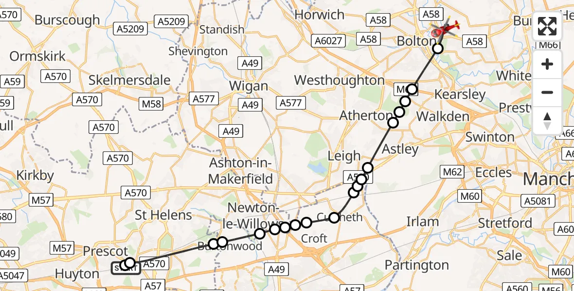 Flight path map showing Air Ambulance Helicopter route from Whiston to Bolton