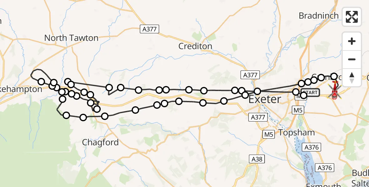 Flight path map showing Air Ambulance Helicopter route from Clyst Honiton to Rockbeare