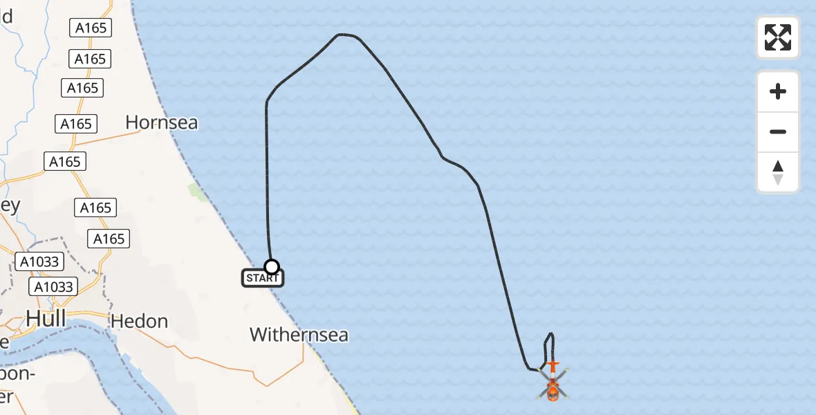 Flight path map showing Coastguard Helicopter route from Roos to North Sea