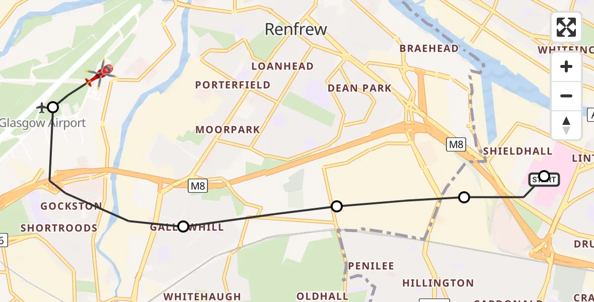 Flight path map showing Air Ambulance Helicopter route from Queen Elizabeth Hospital to Glasgow Airport