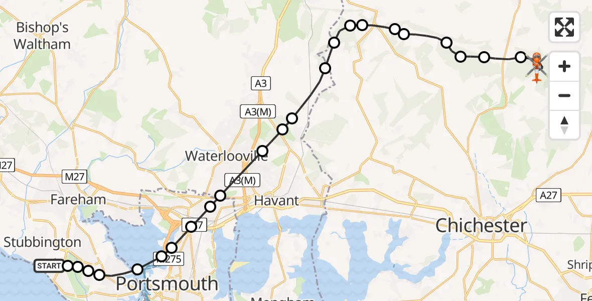 Flight path map showing Coastguard Helicopter route from Solent Airport to Chichester