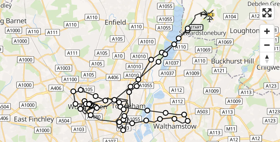 Flight path map showing Police Helicopter route from Chingford to Sewardstonebury