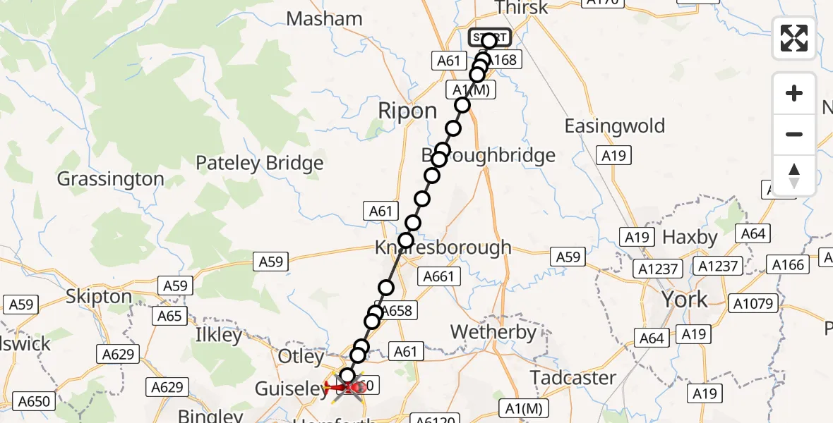 Flight path map showing Air Ambulance Helicopter route from RAF Topcliffe to Bramhope
