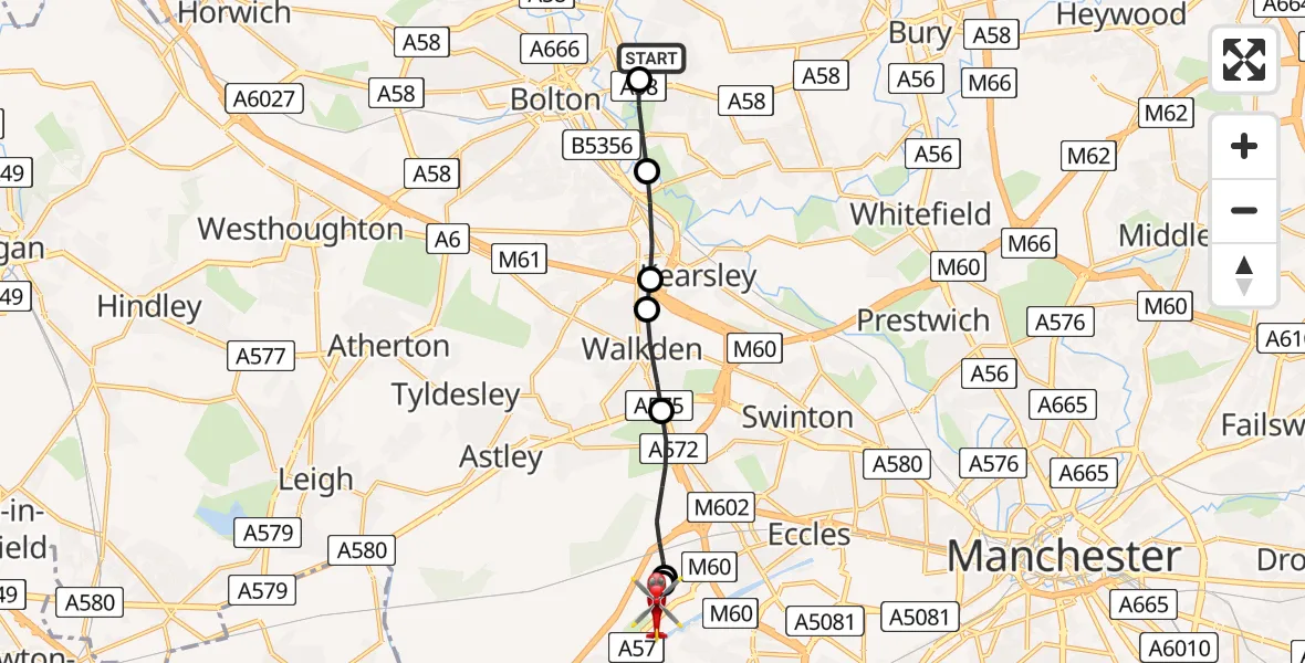Flight path map showing Air Ambulance Helicopter route from Bolton to Manchester Barton Aerodrome