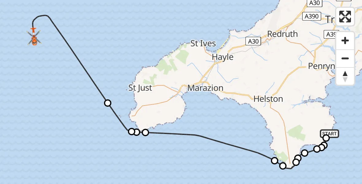 Flight path map showing Coastguard Helicopter route from St. Keverne to North Atlantic Ocean
