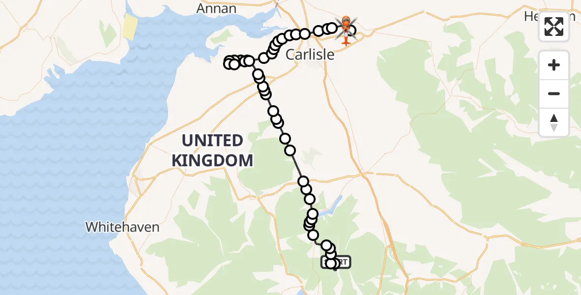 Flight path map showing Coastguard Helicopter route from Shap Rural to Carlisle Lake District Airport