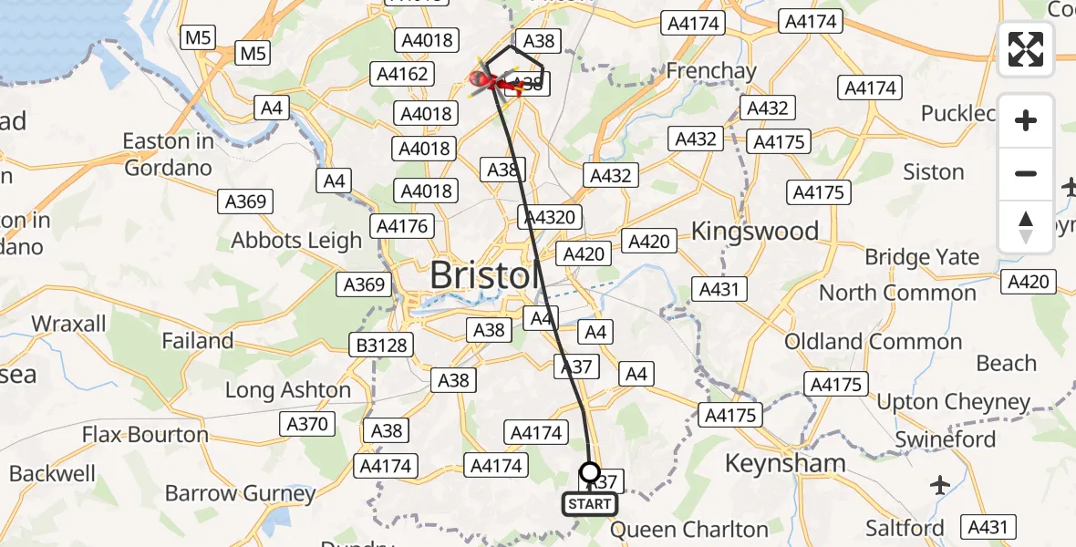 Flight path map showing Air Ambulance Helicopter route from Bristol to Bristol