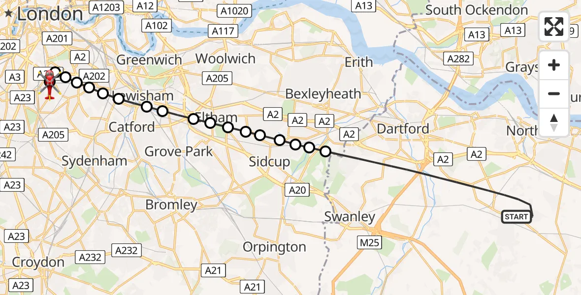 Flight path map showing Air Ambulance Helicopter route from Dartford to Kings College London Hospital