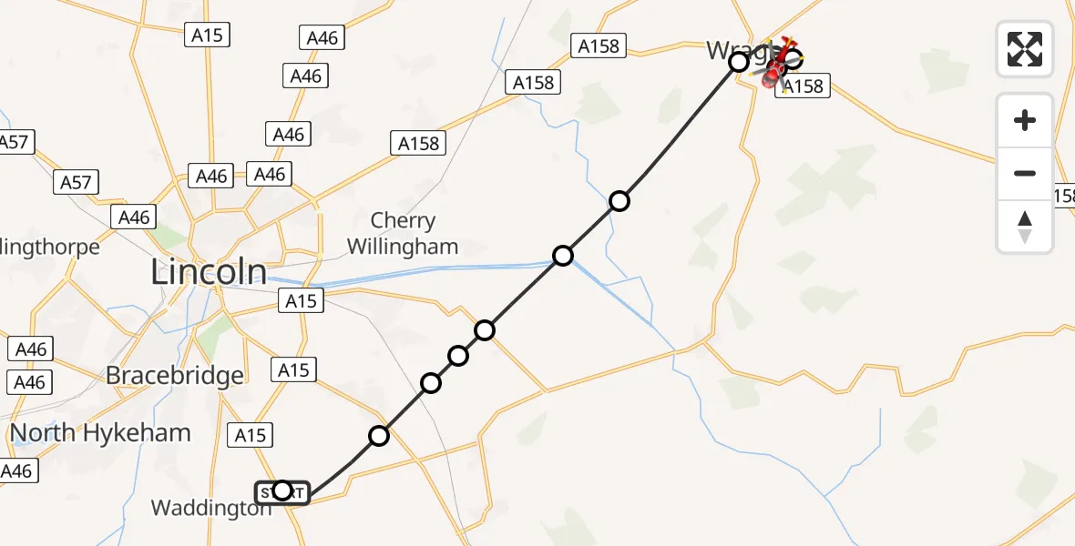 Flight path map showing Air Ambulance Helicopter route from RAF Waddington to Wragby