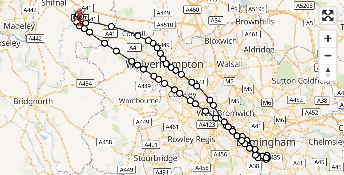 Flight path map showing Air Ambulance Helicopter route from RAF Cosford to Cosford