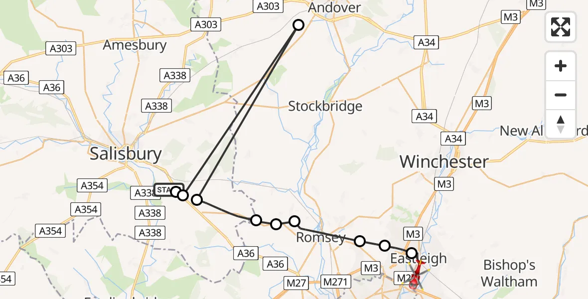 Flight path map showing Air Ambulance Helicopter route from Whaddon to Southampton Airport