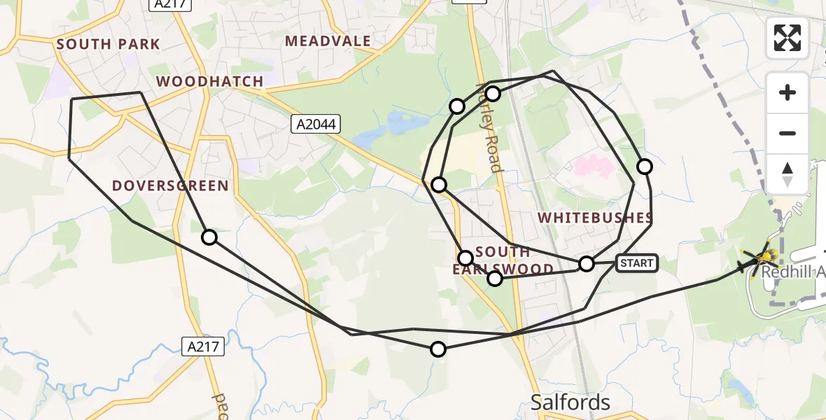 Flight path map showing Police Helicopter route from Salfords to Salfords