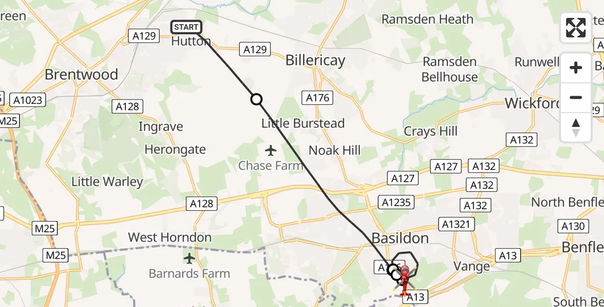 Flight path map showing Air Ambulance Helicopter route from Brentwood to Basildon