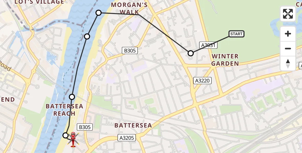 Flight path map showing Air Ambulance Helicopter route from Battersea to London Heliport