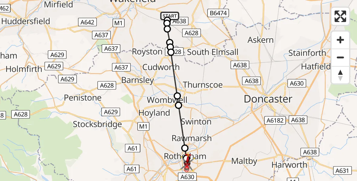 Flight path map showing Air Ambulance Helicopter route from YAA Nostell Helicopter Port to Rotherham