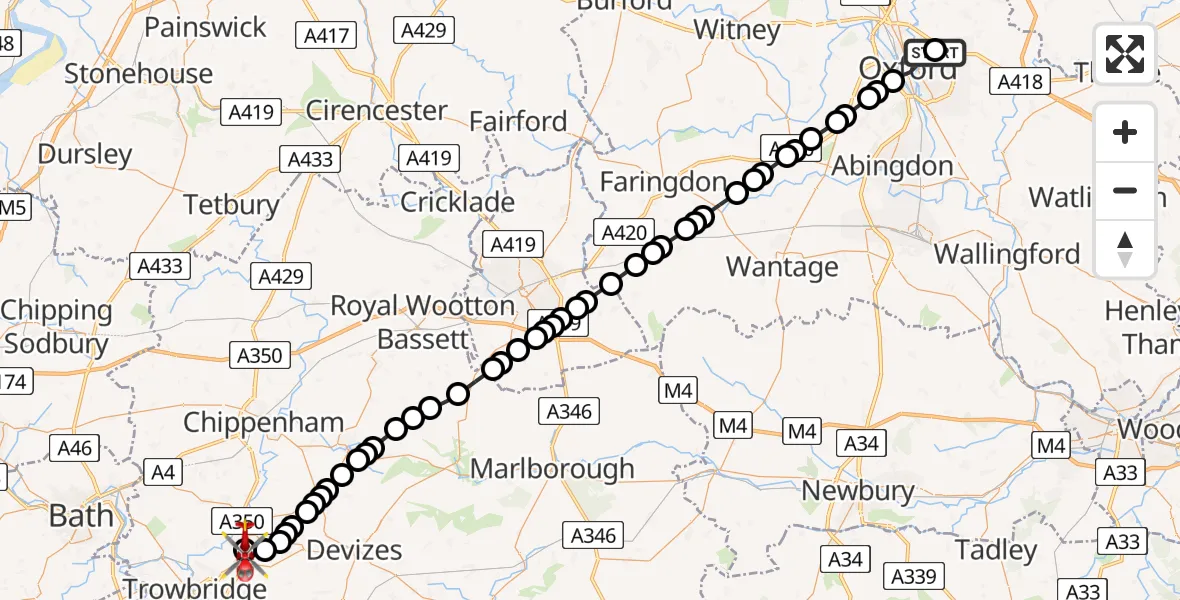 Flight path map showing Air Ambulance Helicopter route from John Radcliffe Hospital to Wiltshire Air Ambulance