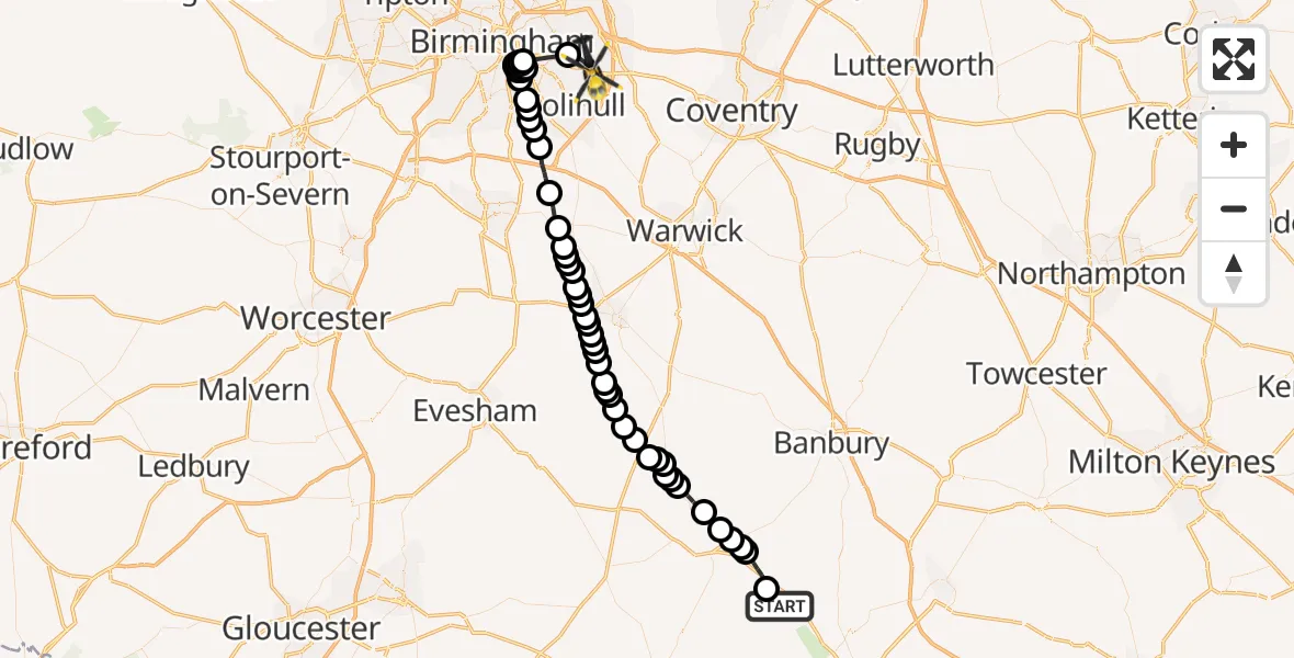 Flight path map showing Police Helicopter route from West Oxfordshire to Birmingham Airport