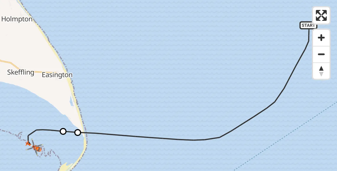 Flight path map showing Coastguard Helicopter route from North Sea to North Sea