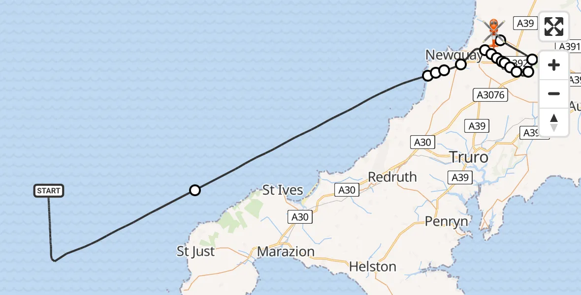 Flight path map showing Coastguard Helicopter route from North Atlantic Ocean to Cornwall Airport Newquay