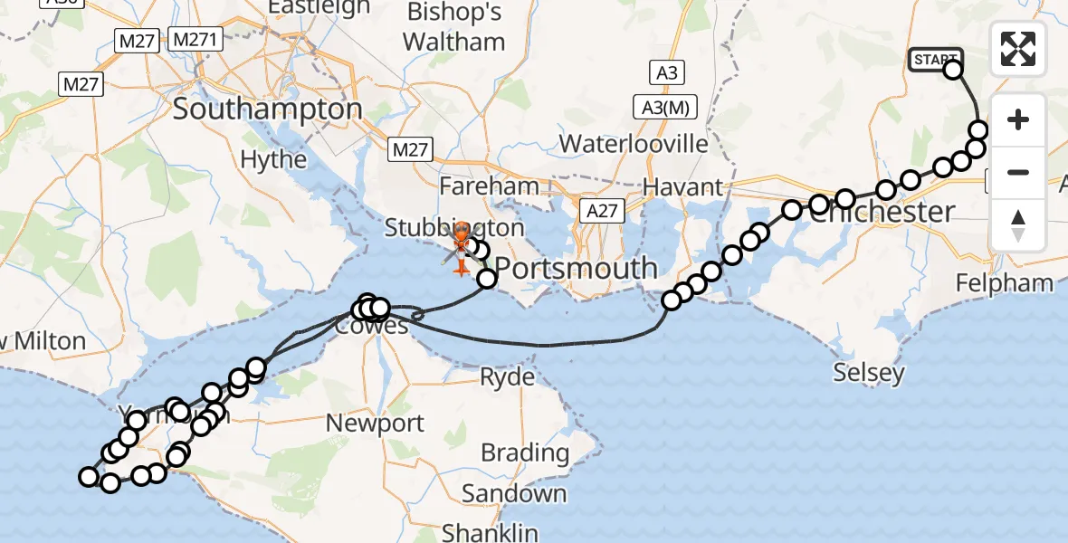 Flight path map showing Coastguard Helicopter route from Chichester to Solent Airport