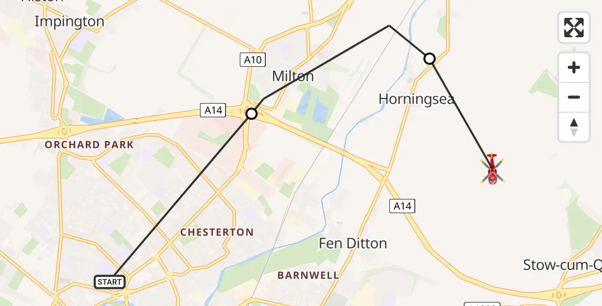 Flight path map showing Air Ambulance Helicopter route from Cambridge to Fen Ditton