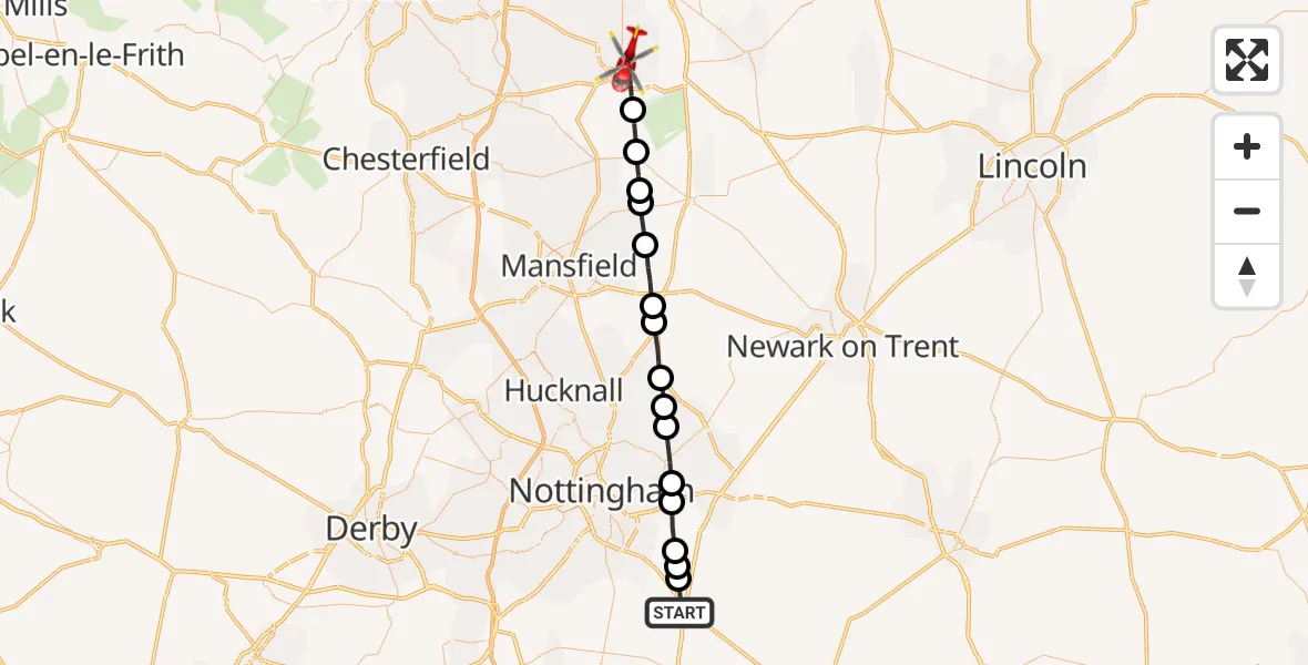 Flight path map showing Air Ambulance Helicopter route from Widmerpool to Worksop