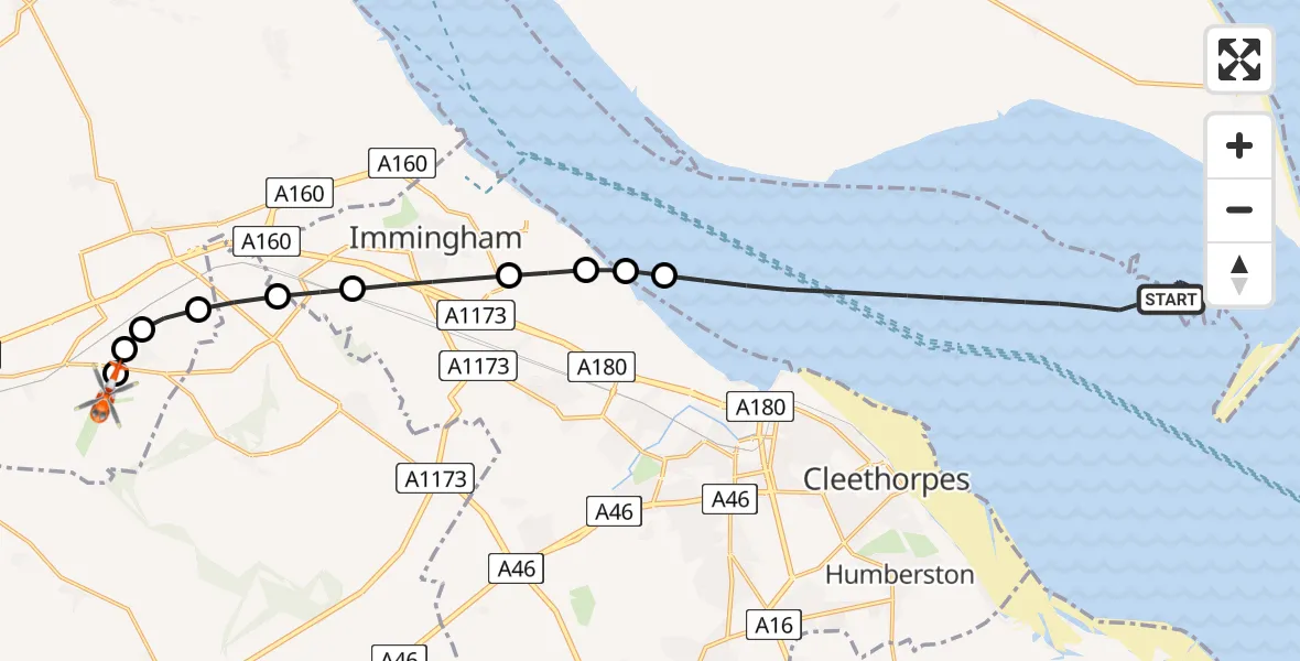 Flight path map showing Coastguard Helicopter route from North Sea to Humberside Airport