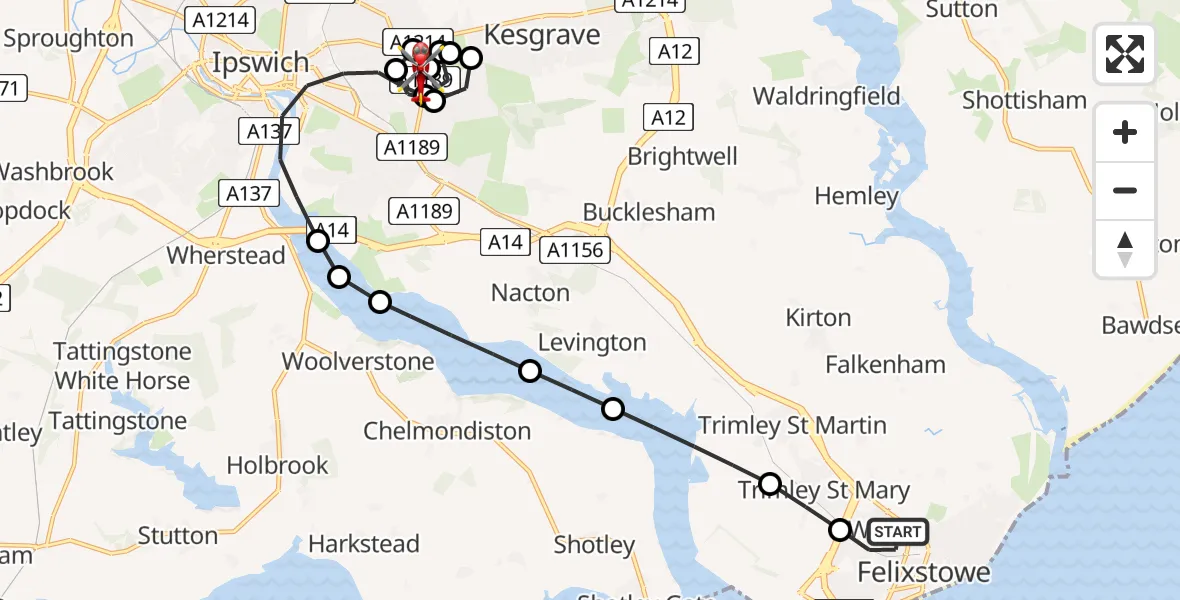Flight path map showing Air Ambulance Helicopter route from Felixstowe to Rushmere St Andrew