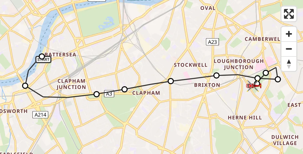 Flight path map showing Air Ambulance Helicopter route from London Heliport to Dulwich Village