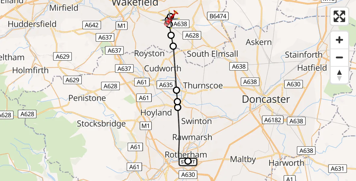 Flight path map showing Air Ambulance Helicopter route from Rotherham to YAA Nostell Helicopter Port