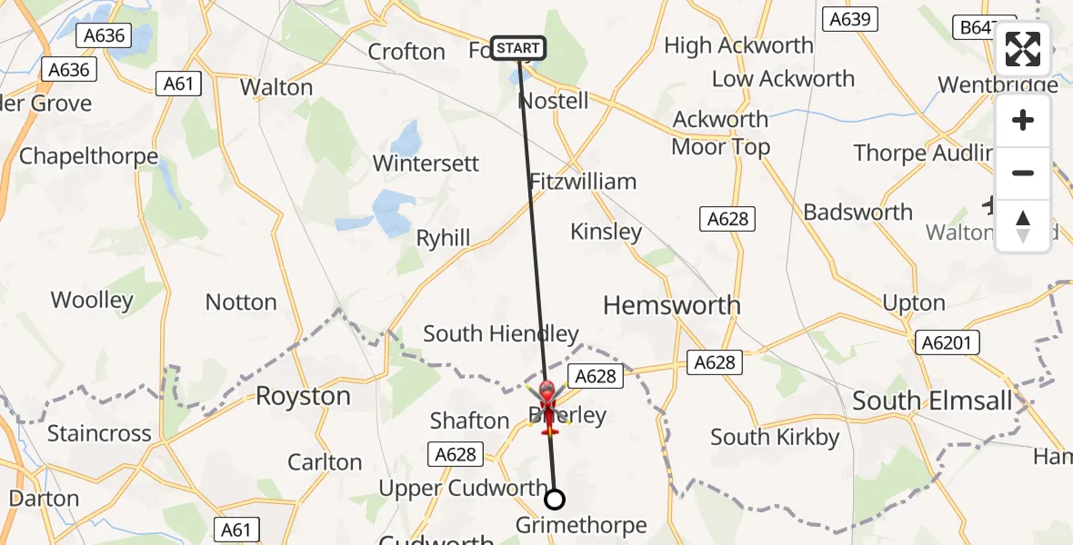 Flight path map showing Air Ambulance Helicopter route from YAA Nostell Helicopter Port to Barnsley