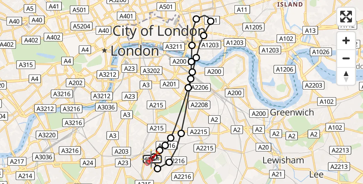 Flight path map showing Air Ambulance Helicopter route from Herne Hill to Dulwich Village