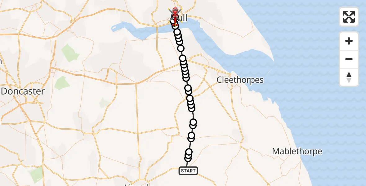 Flight path map showing Air Ambulance Helicopter route from Wragby to Hull Royal Infirmary
