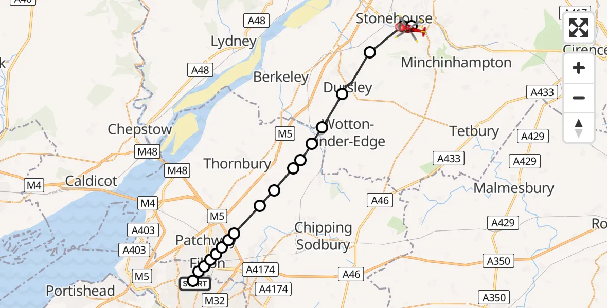 Flight path map showing Air Ambulance Helicopter route from Southmead Hospital to Stroud