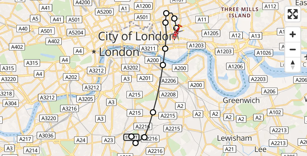 Flight path map showing Air Ambulance Helicopter route from Herne Hill to Royal London Hospital