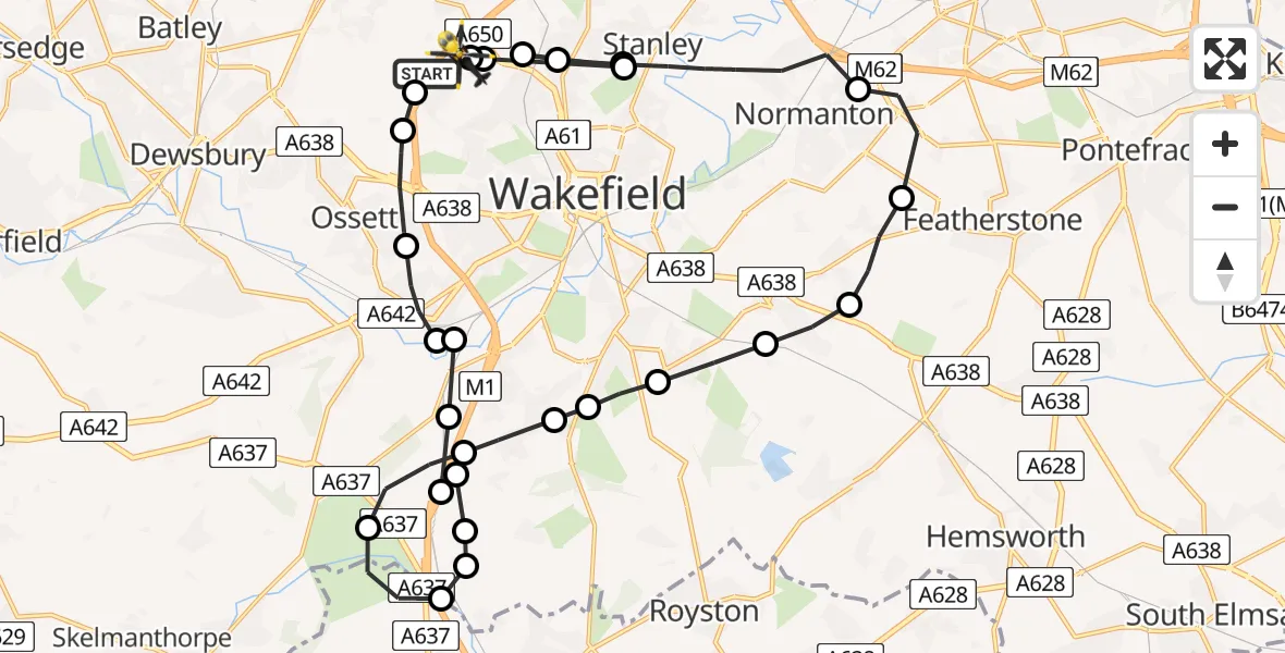 Flight path map showing Police Helicopter route from East Ardsley to East Ardsley