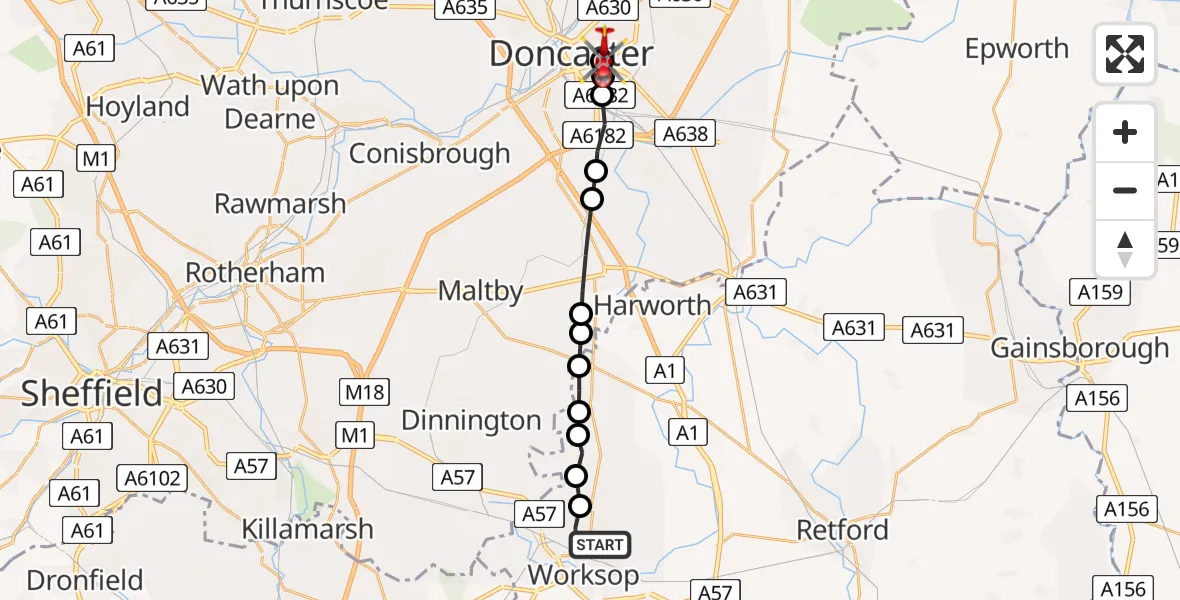 Flight path map showing Air Ambulance Helicopter route from Worksop to Intake