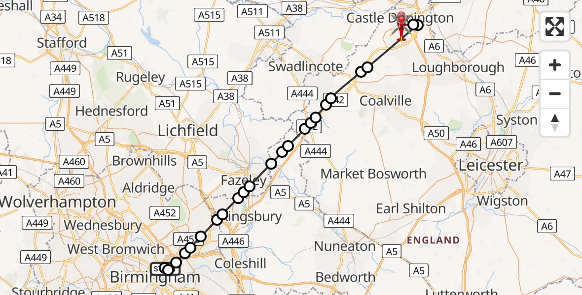 Flight path map showing Air Ambulance Helicopter route from Nechells to East Midlands Airport