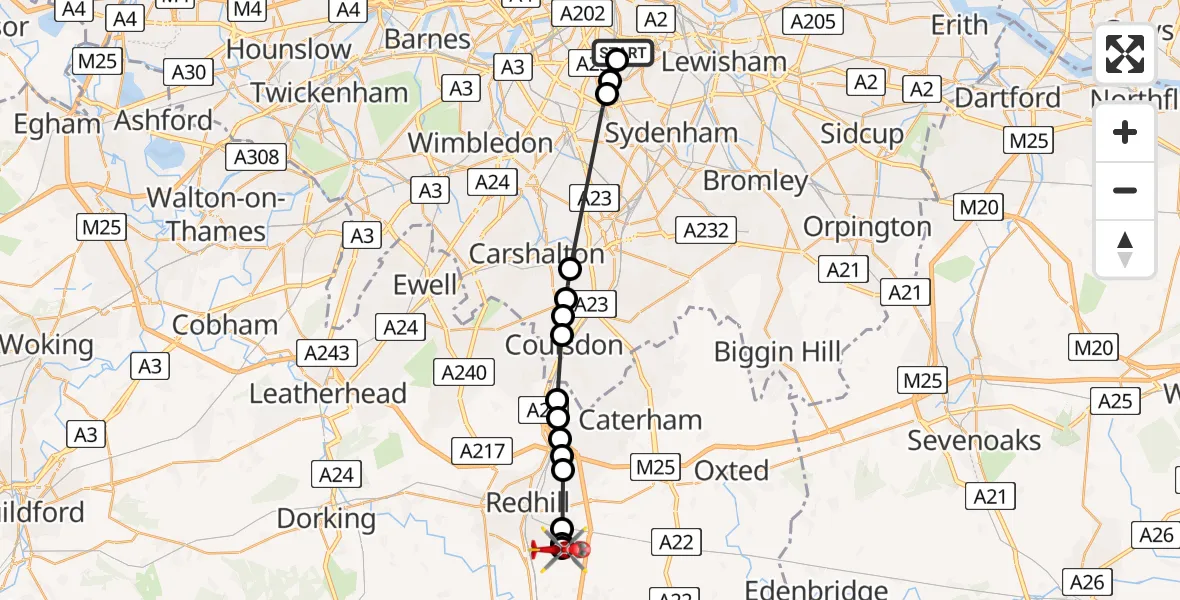 Flight path map showing Air Ambulance Helicopter route from Kings College London Hospital to Redhill Aerodrome