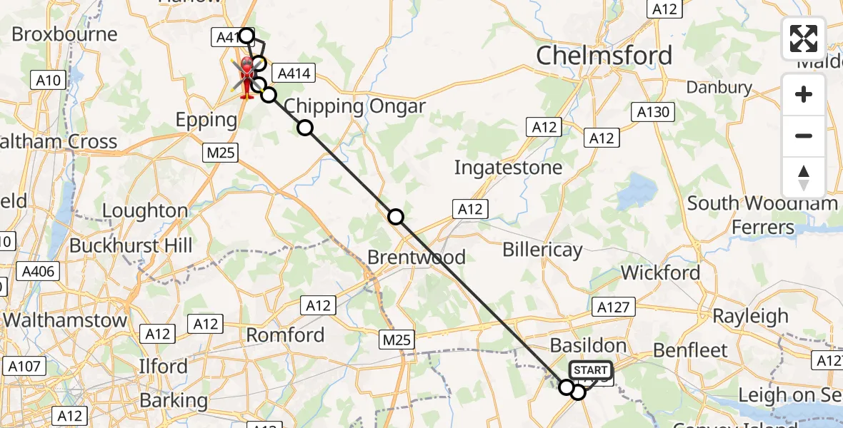 Flight path map showing Air Ambulance Helicopter route from Basildon to North Weald Airfield