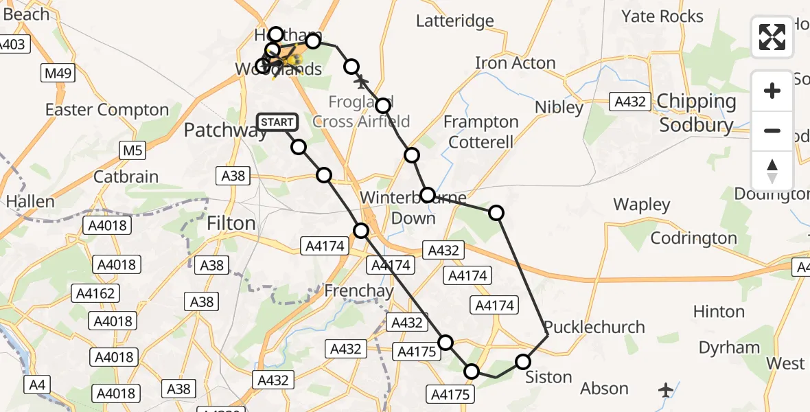 Flight path map showing Police Helicopter route from Bradley Stoke to Hortham