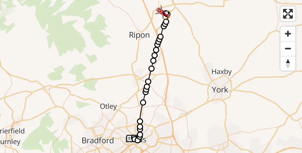 Flight path map showing Air Ambulance Helicopter route from Woodhouse to RAF Topcliffe
